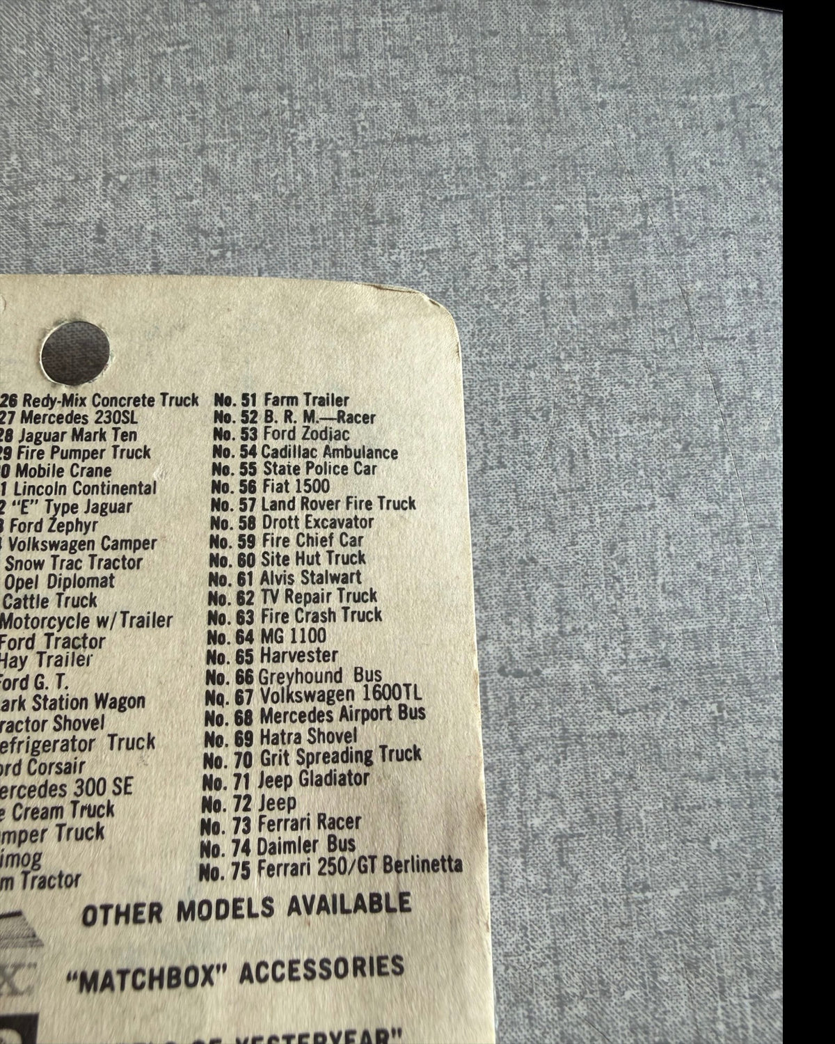 More Than Diecast vintage Matchbox 1-75 series collector list printed on the back of original toy packaging