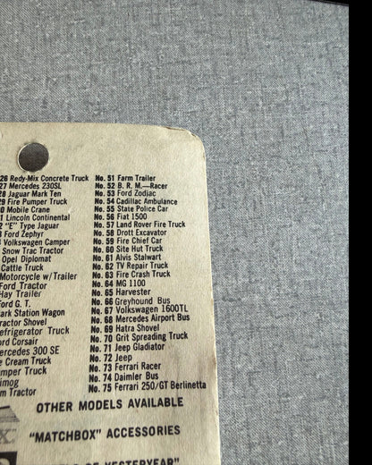 More Than Diecast vintage Matchbox 1-75 series collector list printed on the back of original toy packaging