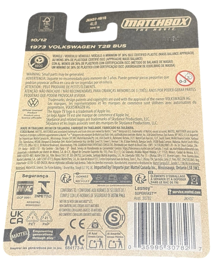 Back of More Than Diecast Matchbox The Movie 1973 Volkswagen T2B Bus packaging with product details and safety info