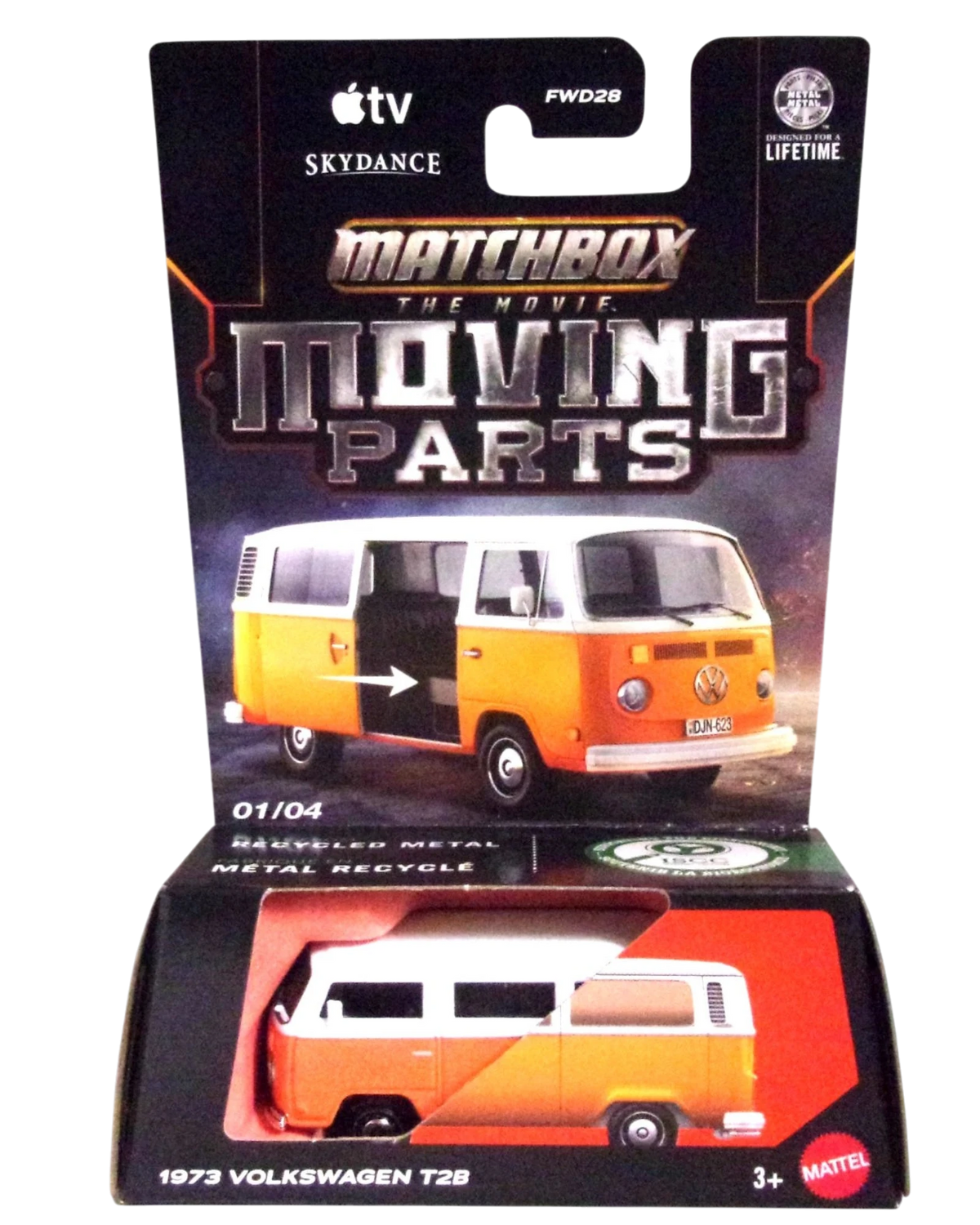 More Than Diecast Matchbox 1973 Volkswagen T2B orange and white die-cast van in Moving Parts Movie packaging