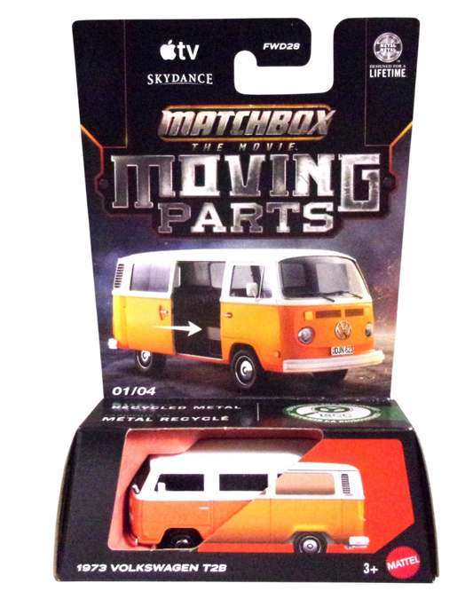 More Than Diecast Matchbox 1973 Volkswagen T2B orange and white die-cast van in Moving Parts Movie packaging