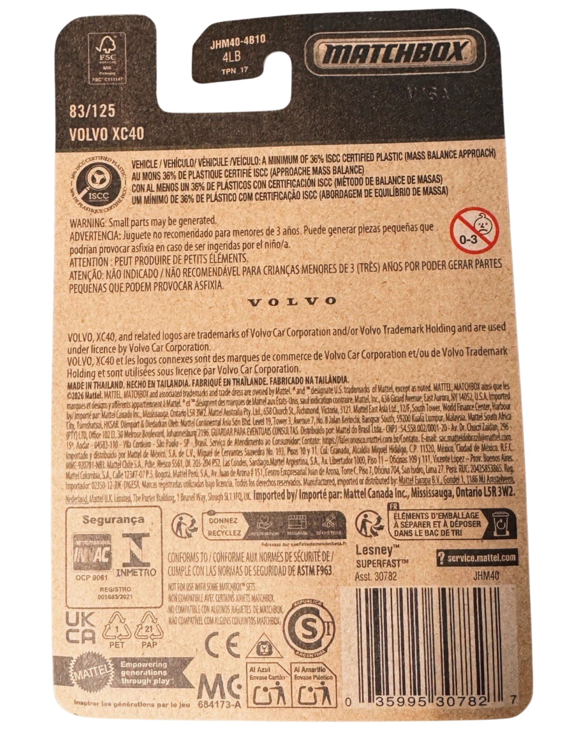 More Than Diecast Matchbox Volvo XC40 1:64 scale die-cast SUV packaging back view with product details and warnings