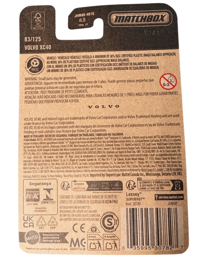 More Than Diecast Matchbox Volvo XC40 1:64 scale die-cast SUV packaging back view with product details and warnings