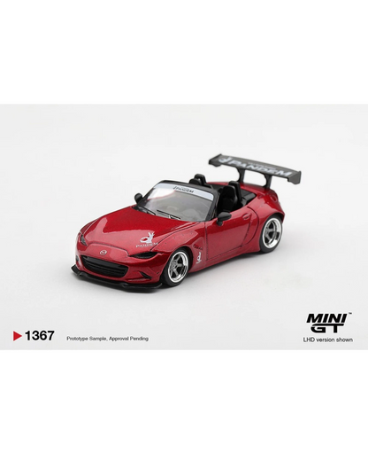 More Than Diecast Mini GT 1:64 scale Mazda Miata MX-5 ND Pandem in Kodo Red with wide-body kit and rear wing