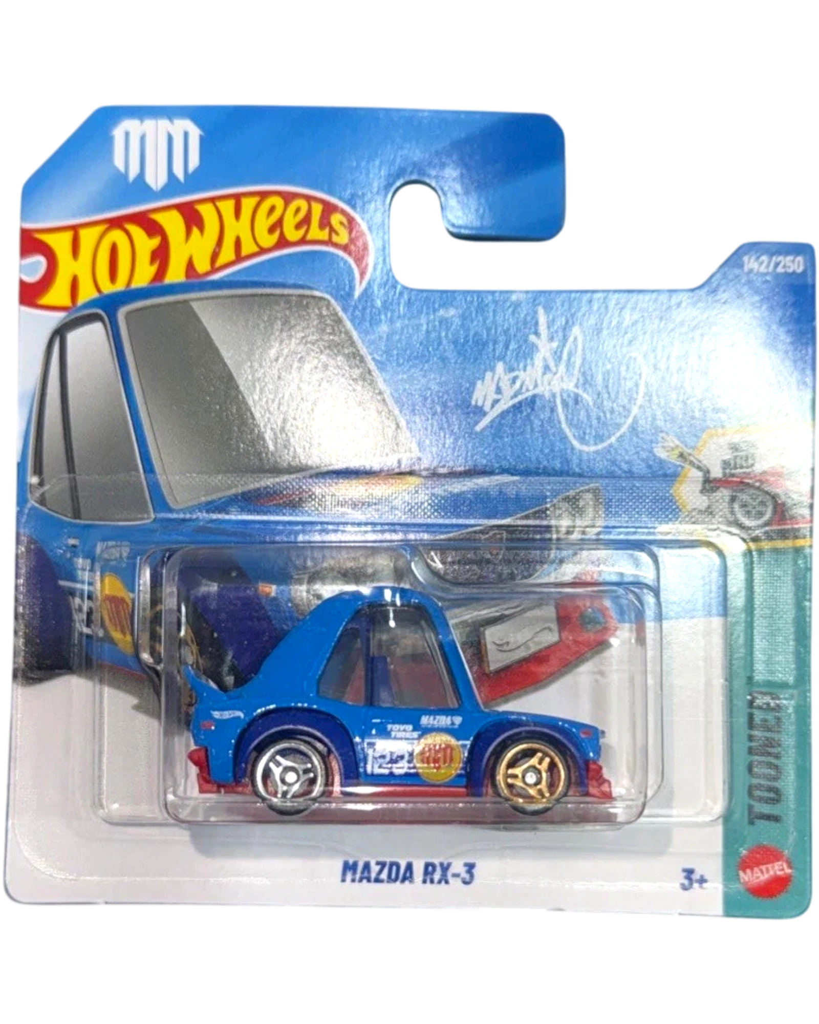 More Than Diecast blue Mazda RX-3 Tooned Hot Wheels toy car with gold rims and a spoiler.