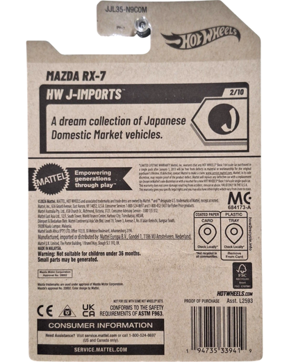 More Than Diecast Hot Wheels 2026 Mazda RX-7 HW J-Imports packaging back view with product details and branding