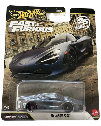 More Than Diecast Hot Wheels Premium Fast & Furious 25th Anniversary McLaren 720S diecast car in blister packaging