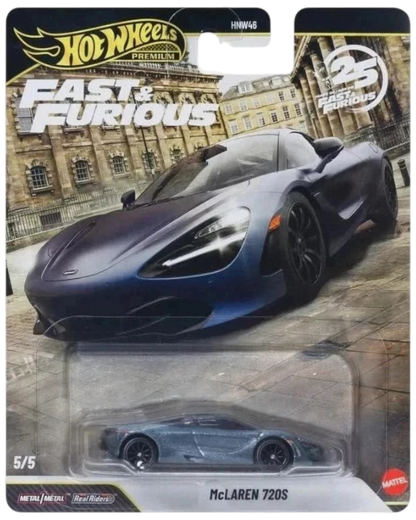 More Than Diecast Hot Wheels Premium Fast & Furious 25th Anniversary McLaren 720S diecast car in blister packaging