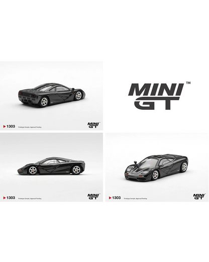 More Than Diecast Mini GT 1:64 McLaren F1 diecast model car in blue black metallic finish.