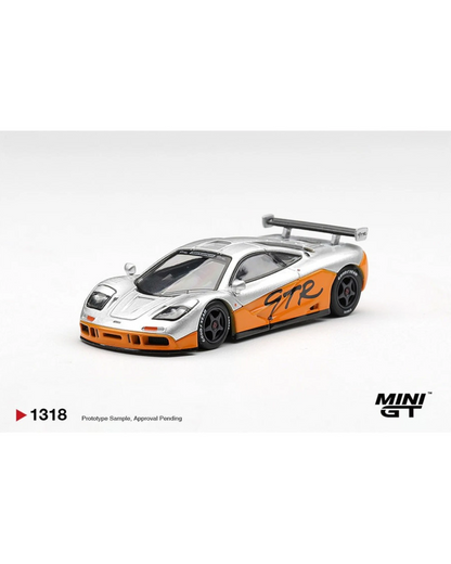 More Than Diecast Mini GT 1:64 scale silver and orange McLaren F1 GTR 1995 model car