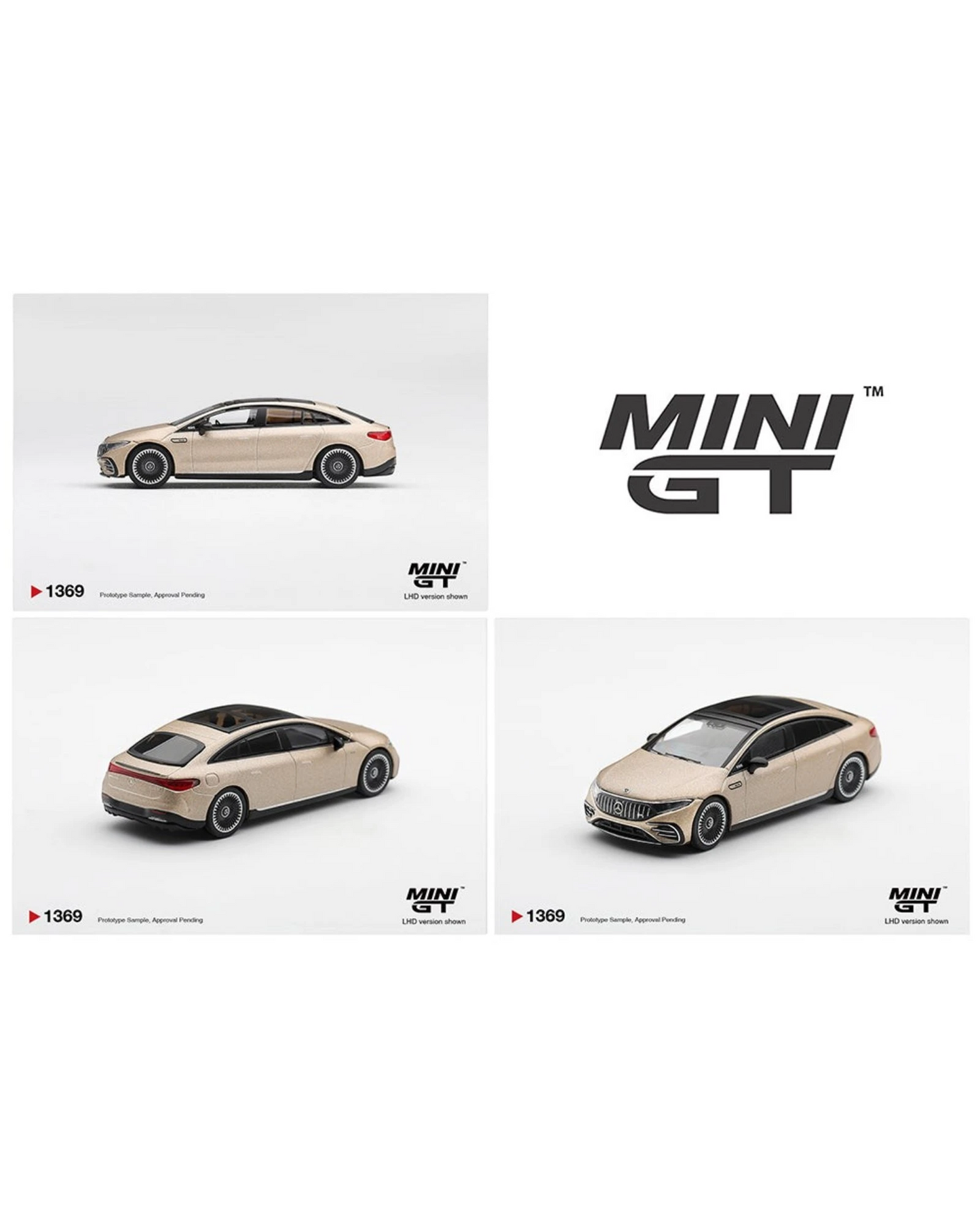 More Than Diecast Mini GT 1:64 scale Mercedes-AMG EQS 53 electric sedan in a limited edition gold finish
