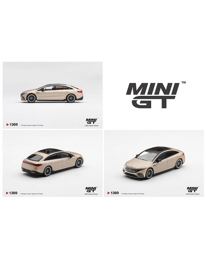 More Than Diecast Mini GT 1:64 scale Mercedes-AMG EQS 53 electric sedan in a limited edition gold finish