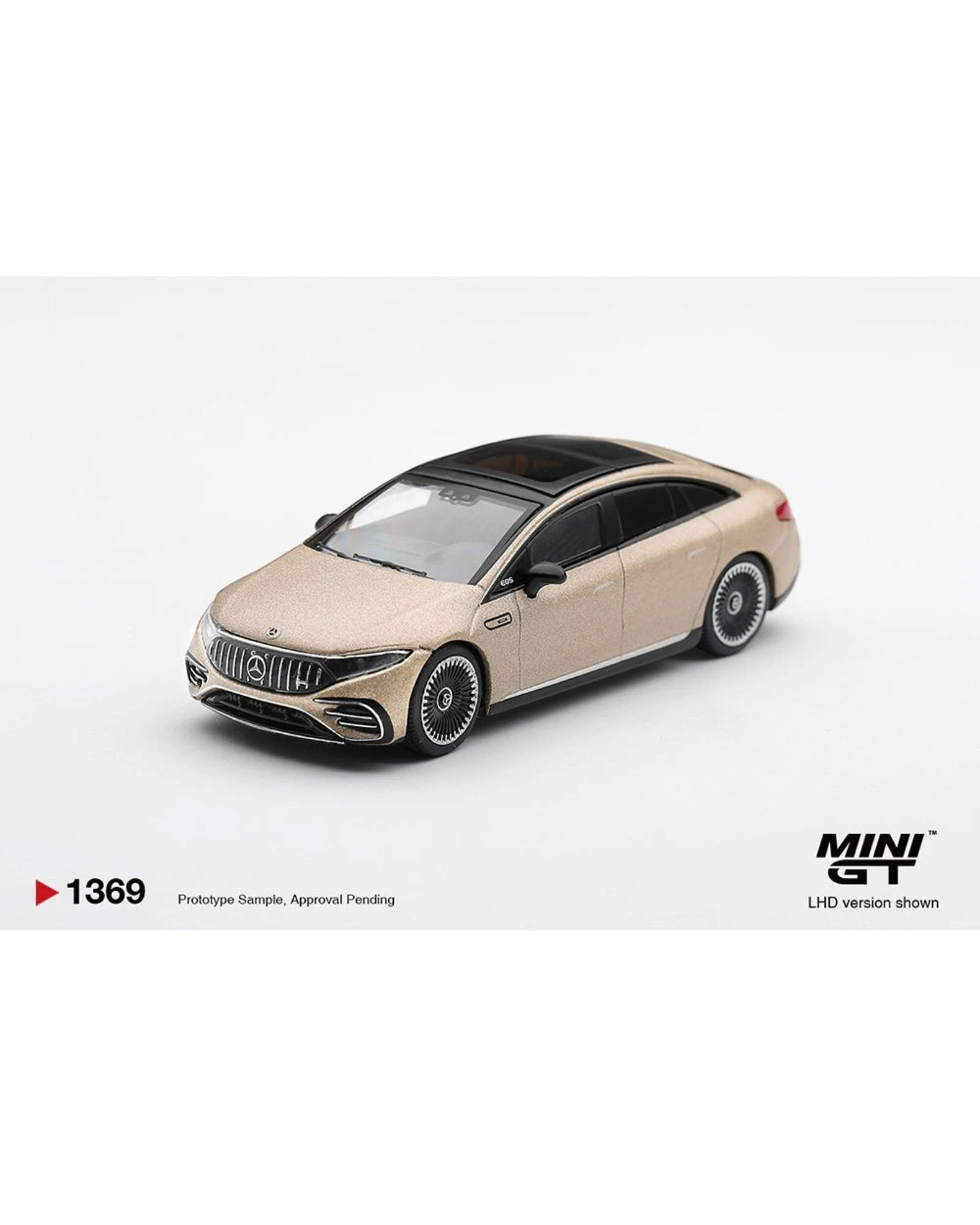 More Than Diecast Mini GT 1:64 scale Mercedes-AMG EQS 53 electric performance sedan in a limited edition gold finish.