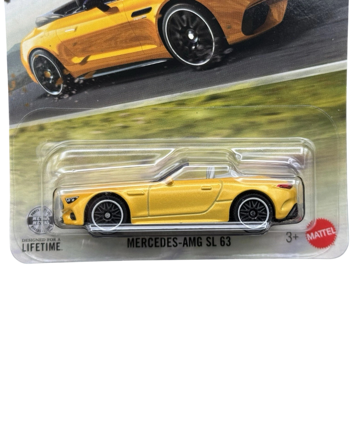 More Than Diecast Matchbox Mercedes-AMG SL 63 in yellow, 1:64 scale die-cast roadster in original blister packaging.