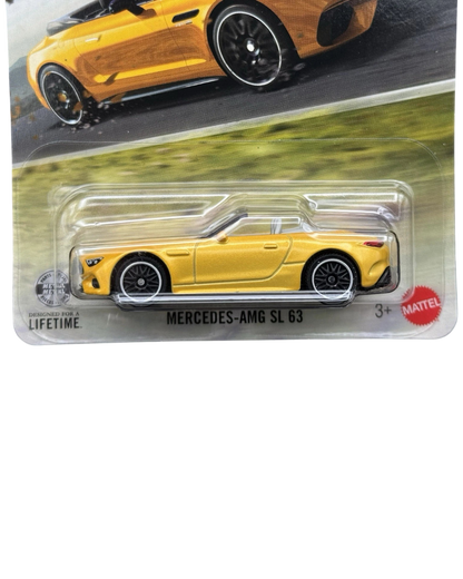 More Than Diecast Matchbox Mercedes-AMG SL 63 in yellow, 1:64 scale die-cast roadster in original blister packaging.