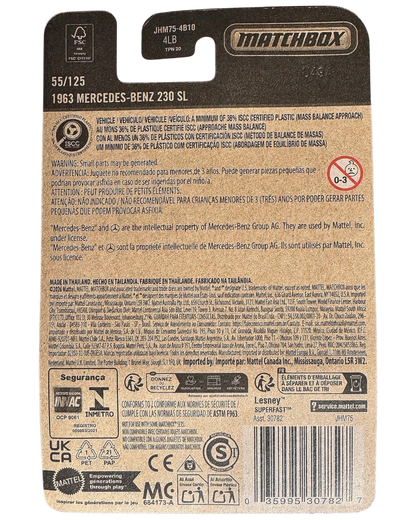 More Than Diecast Matchbox 2026 1963 Mercedes-Benz 230 SL die-cast packaging back with safety and product information