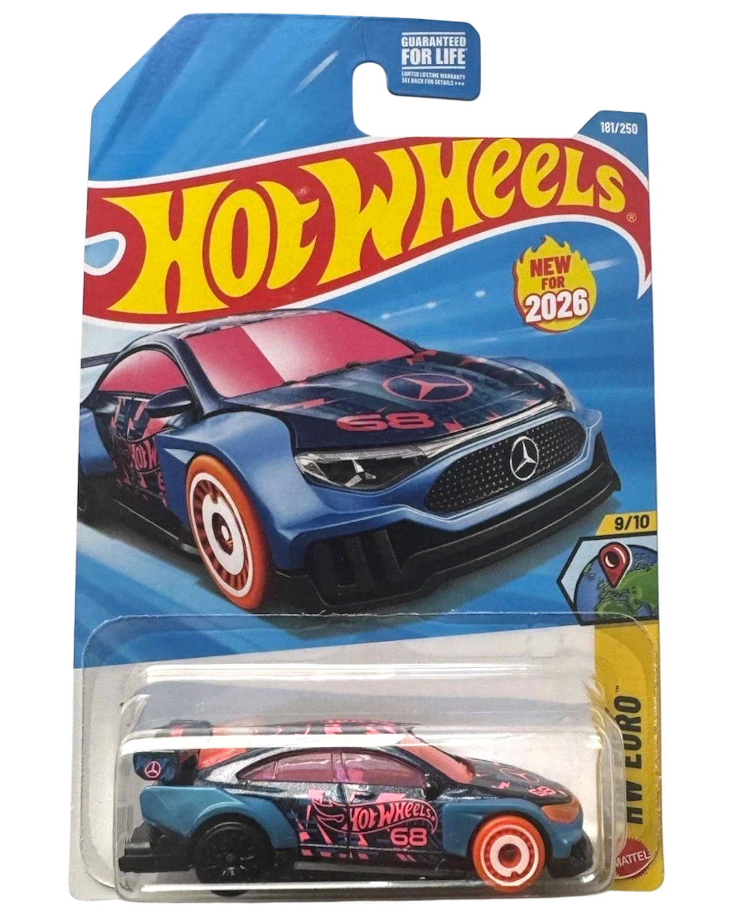 More Than Diecast Hot Wheels Mercedes-Benz CLA 1:64 die-cast car in blue with custom racing graphics and orange wheels.