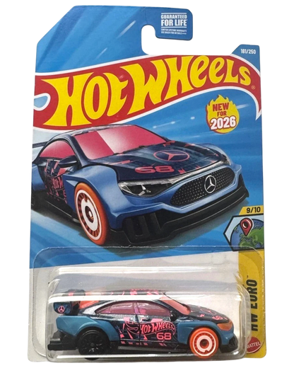 More Than Diecast Hot Wheels Mercedes-Benz CLA 1:64 die-cast car in blue with custom racing graphics and orange wheels.