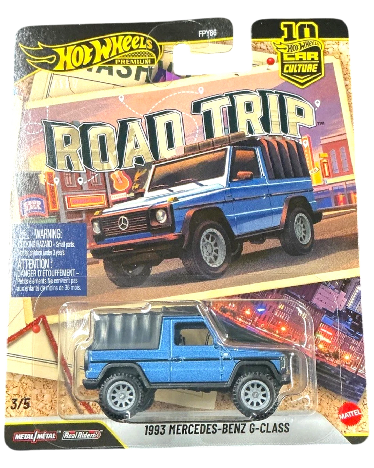 More Than Diecast Hot Wheels 1993 Mercedes-Benz G-Class blue die-cast car in Road Trip packaging with rubber tires