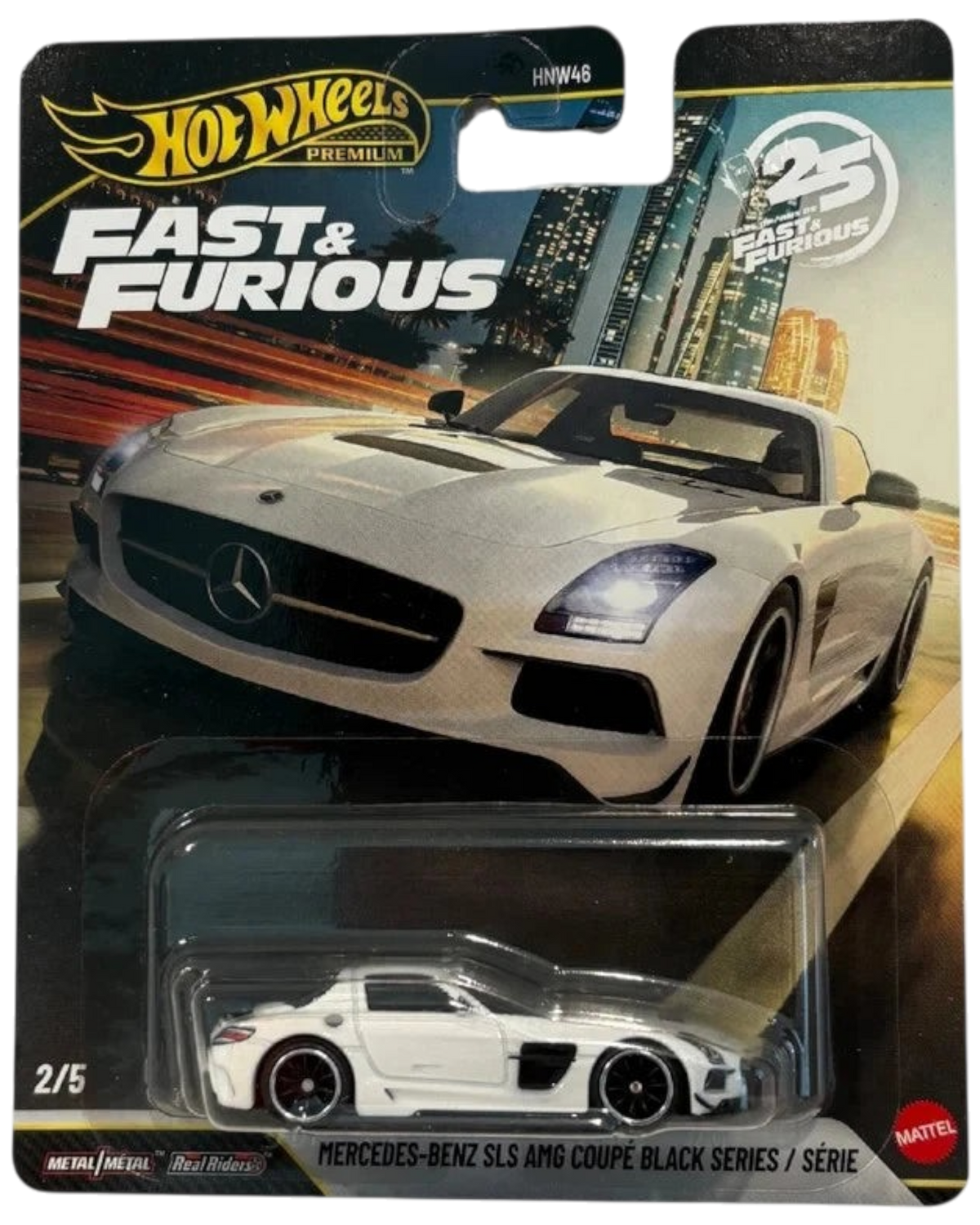 More Than Diecast Hot Wheels Mercedes-Benz SLS AMG Coupe in white, 1:64 scale Fast & Furious 25th Anniversary edition.