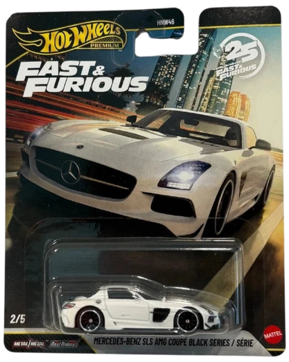 More Than Diecast Hot Wheels Mercedes-Benz SLS AMG Coupe in white, 1:64 scale Fast & Furious 25th Anniversary edition.