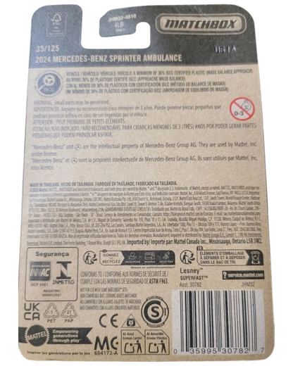 More Than Diecast packaging back for the 2026 Matchbox 2024 Mercedes-Benz Sprinter Ambulance die-cast toy