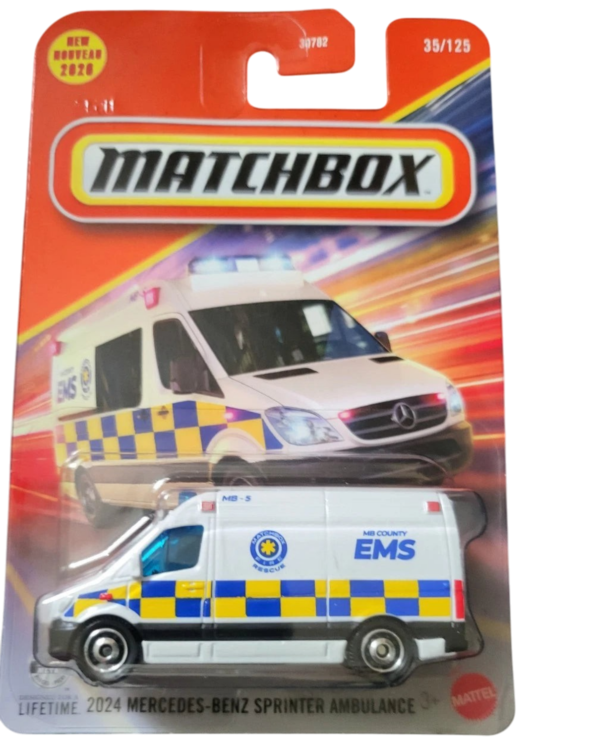 More Than Diecast 2024 Mercedes-Benz Sprinter Ambulance die-cast toy in white with blue and yellow EMS livery