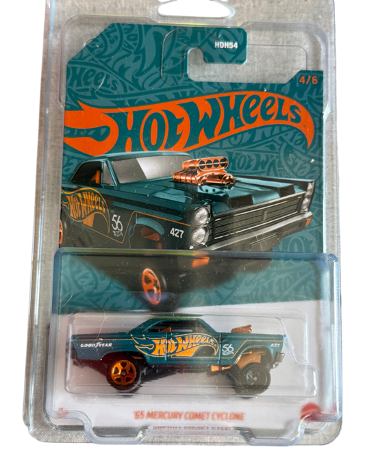 More Than Diecast Hot Wheels 65 Mercury Comet Cyclone 56th Anniversary edition in teal with orange wheels on card