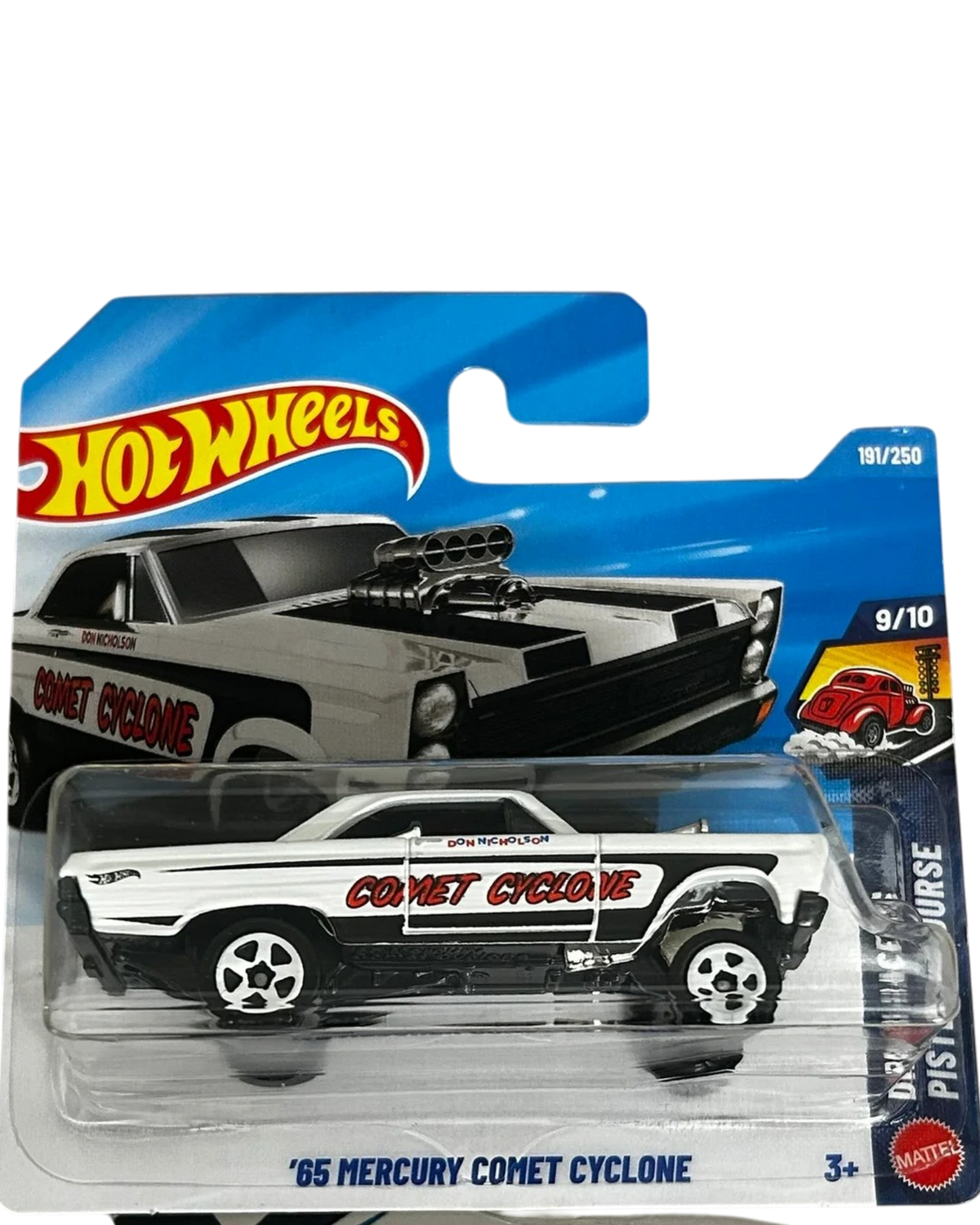 More Than Diecast Hot Wheels 1/64 scale 1965 Mercury Comet Cyclone in white with black racing stripes and decals