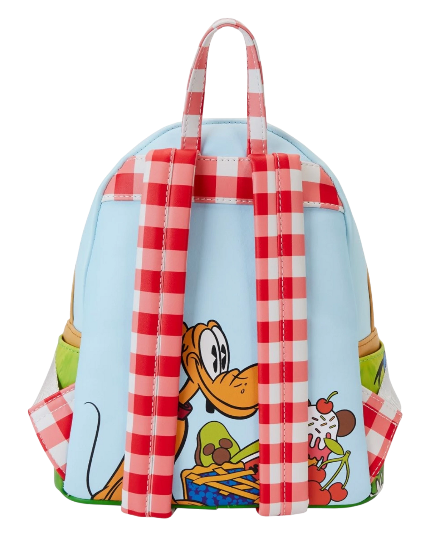 More Than Diecast Loungefly Mickey and Friends mini-backpack back view with red gingham straps and Pluto graphic