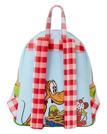 More Than Diecast Loungefly Mickey and Friends mini-backpack back view with red gingham straps and Pluto graphic