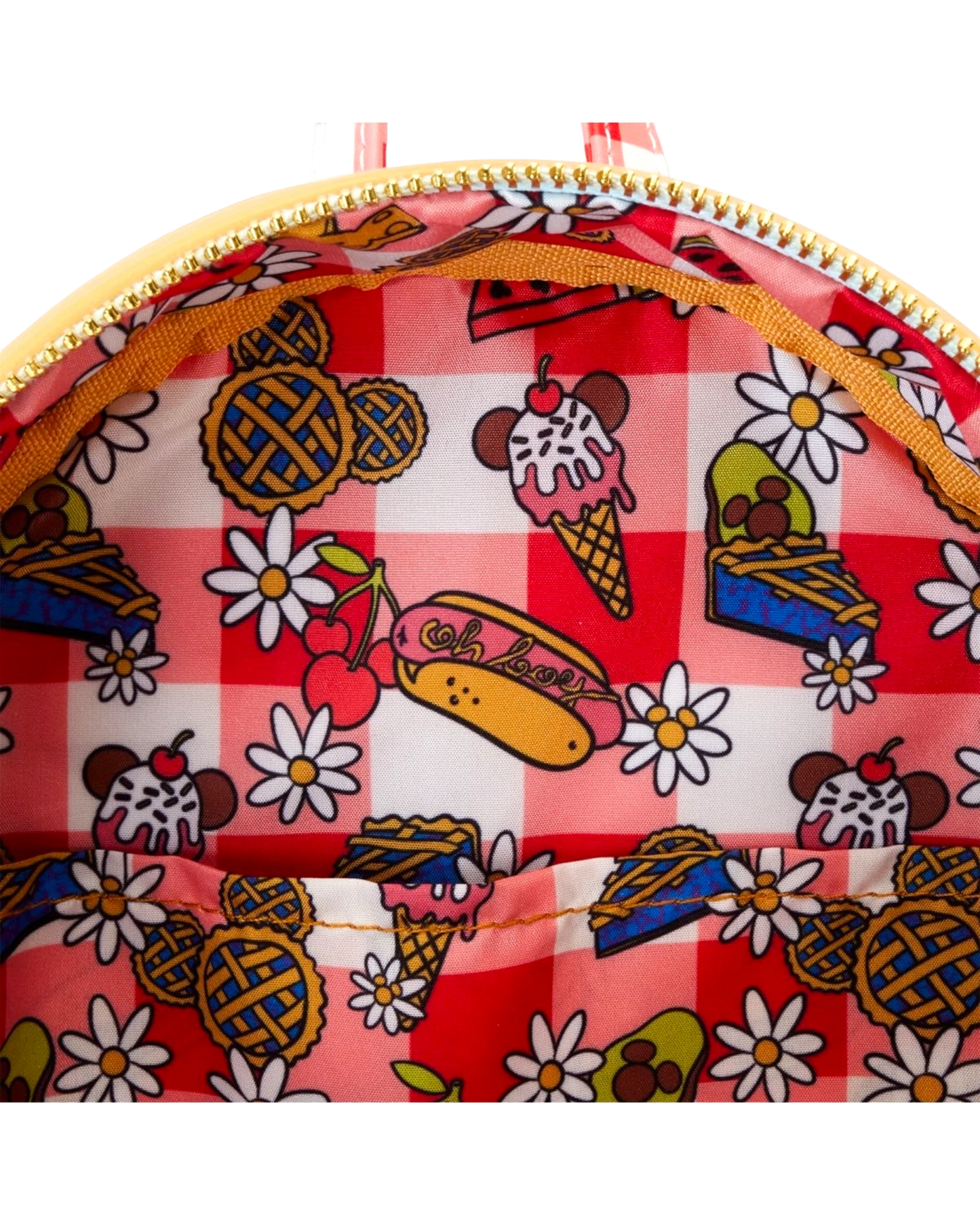 More Than Diecast Loungefly Mickey and Friends backpack interior lining with red gingham and picnic food pattern