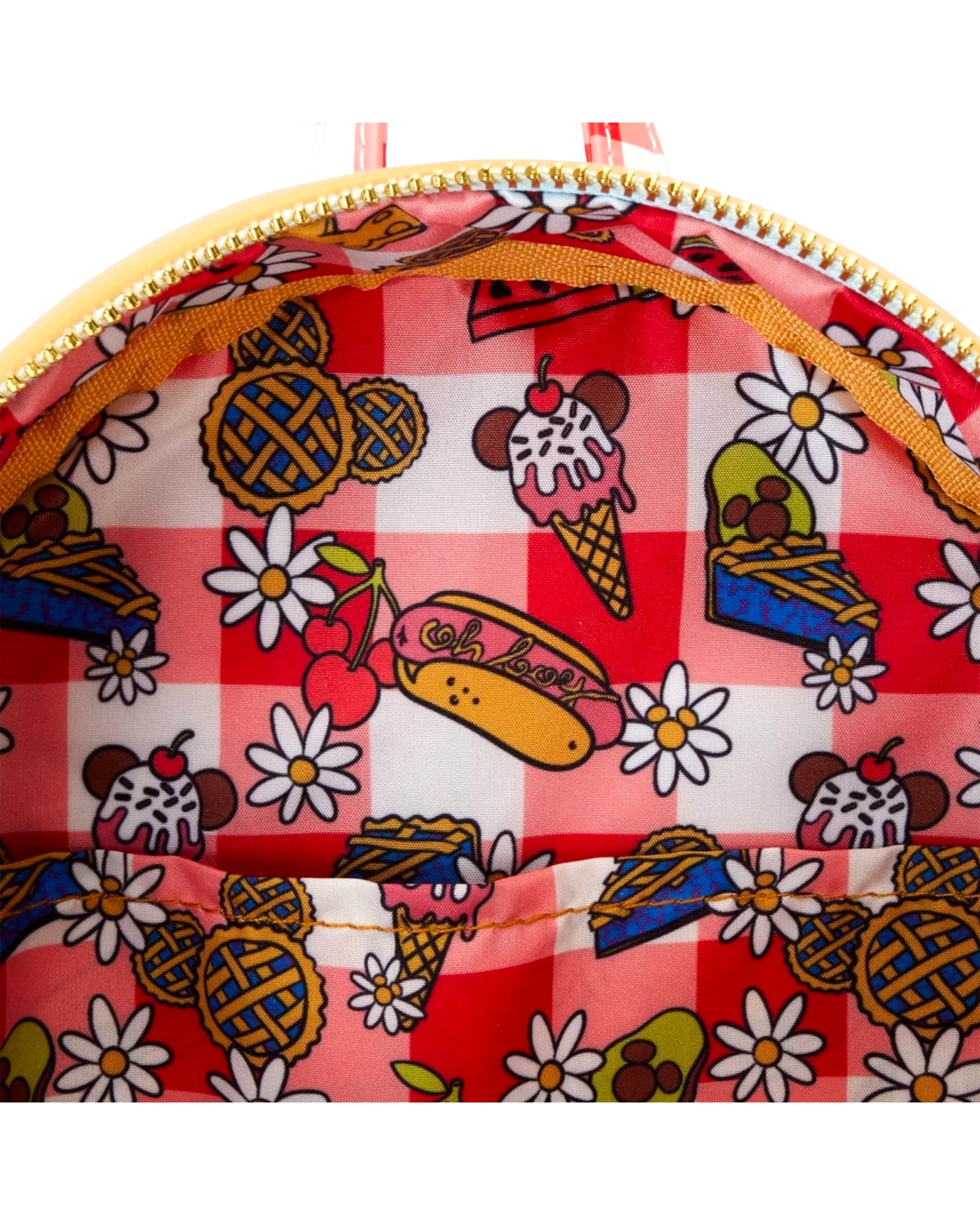 More Than Diecast Loungefly Mickey and Friends backpack interior lining with red gingham and picnic food pattern