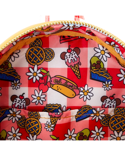 More Than Diecast Loungefly Mickey and Friends backpack interior lining with red gingham and picnic food pattern