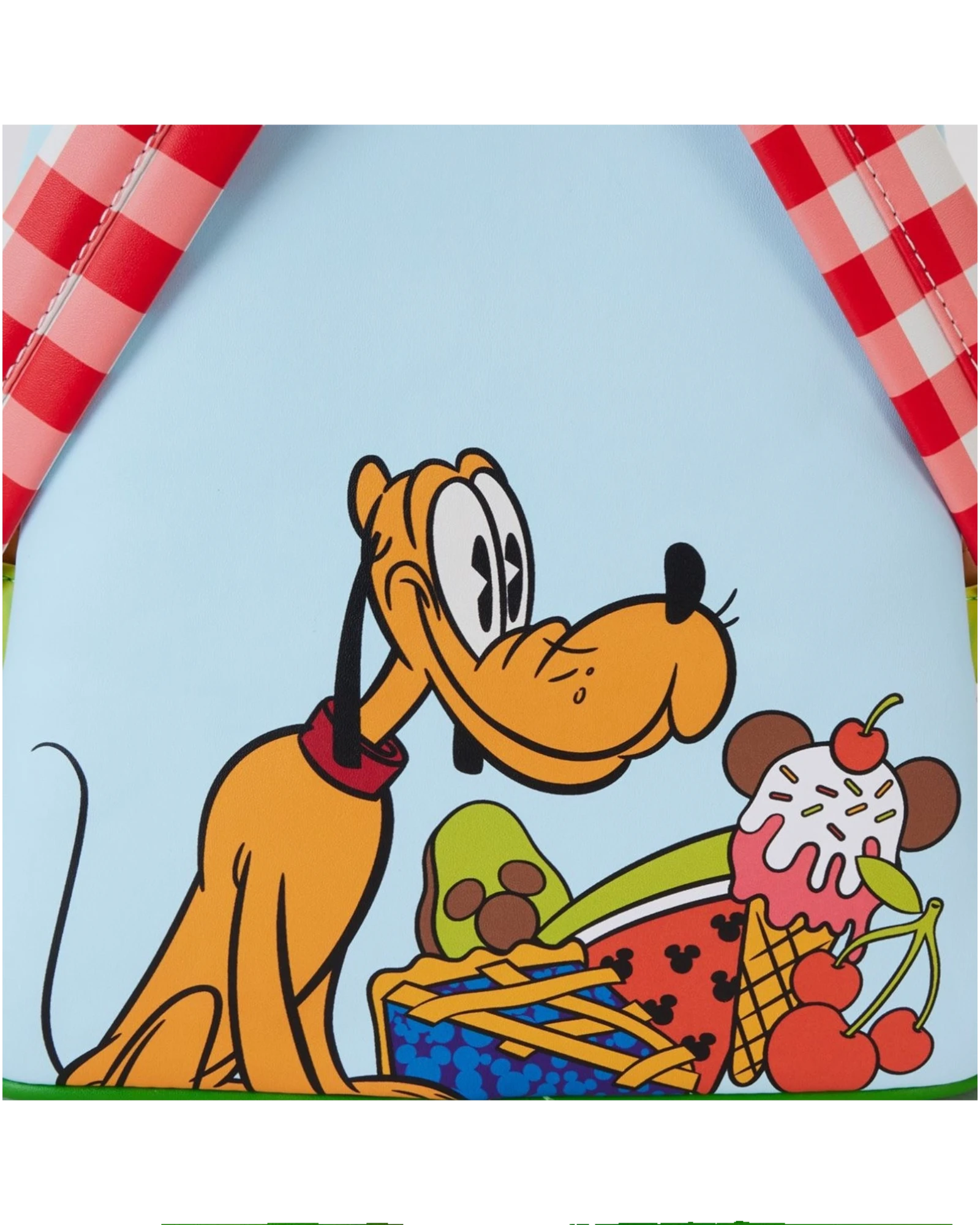 More Than Diecast Loungefly Mickey and Friends picnic backpack featuring Pluto and picnic treats on light blue faux leather