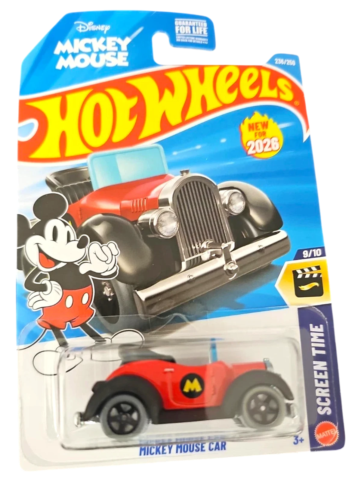 More Than Diecast Hot Wheels 2026 Mickey Mouse character car in red and black die-cast metal on blister card