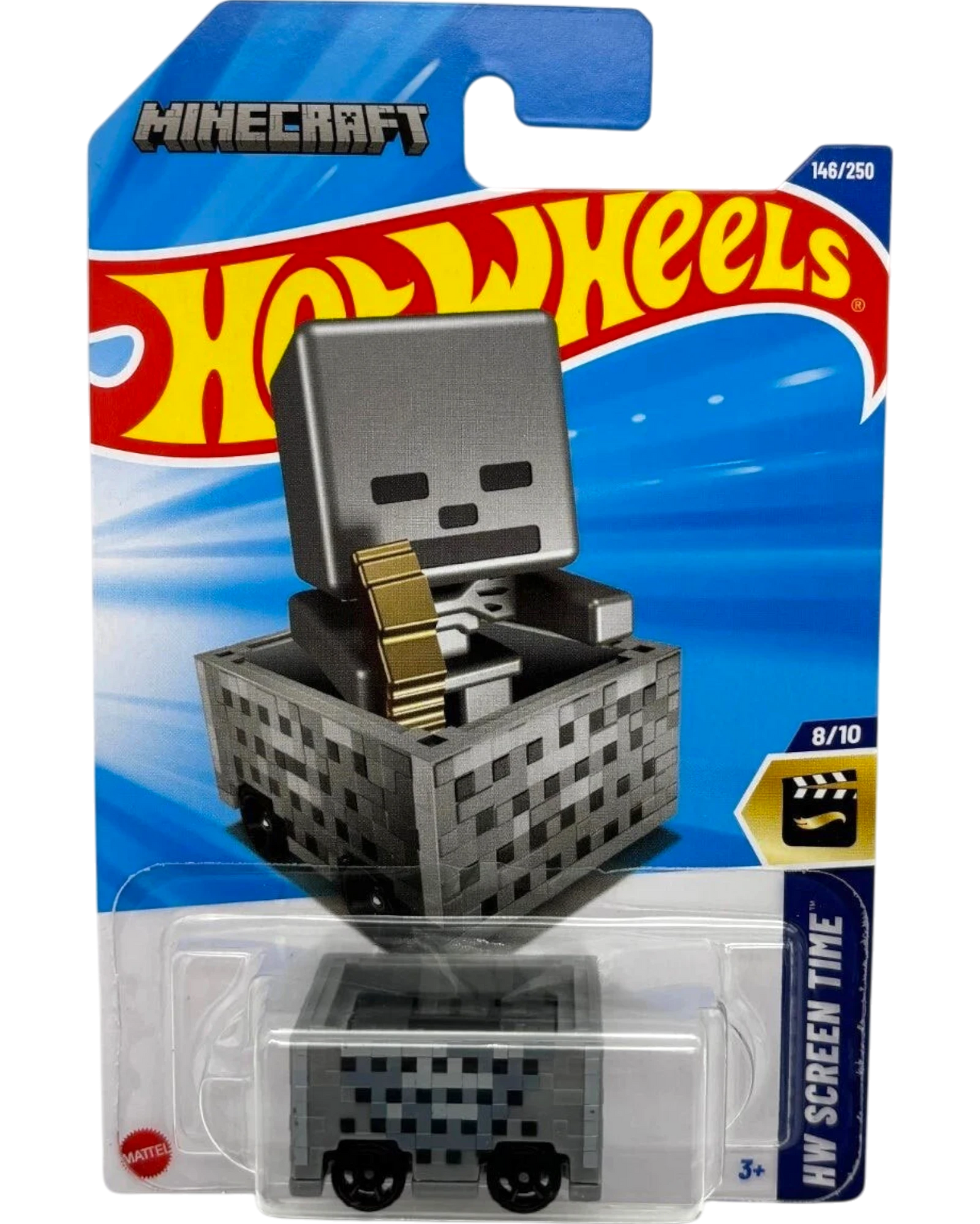 More Than Diecast Hot Wheels Minecraft Minecart Skeleton diecast car with gold accents, grey and black pixelated design.