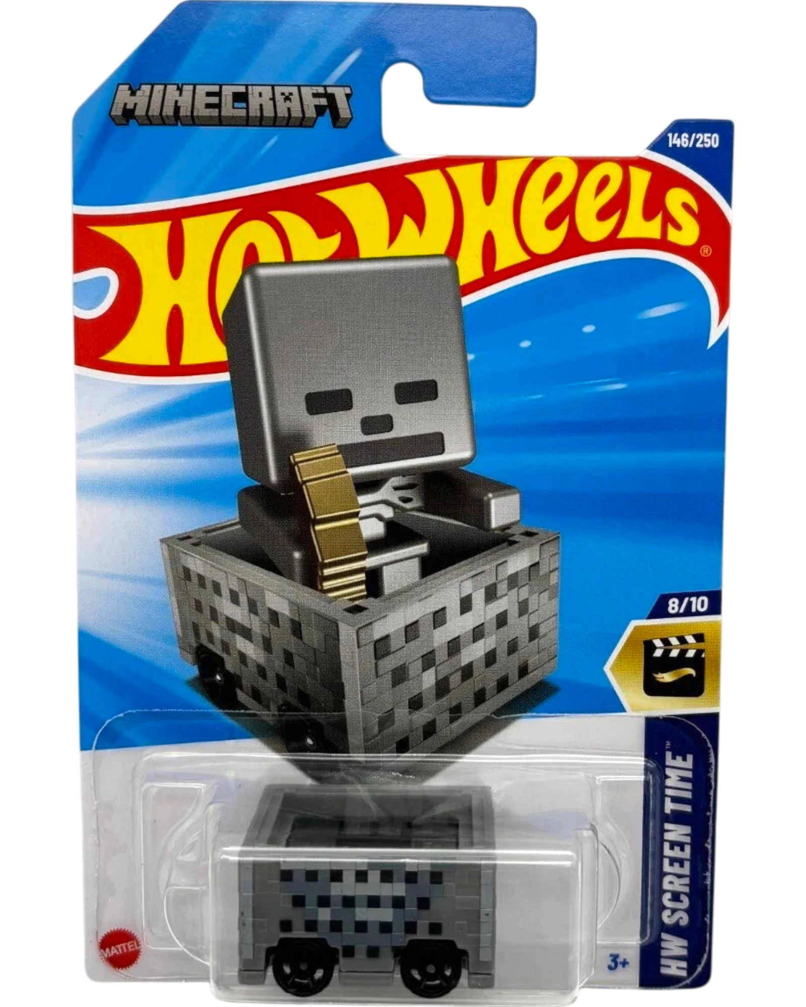 More Than Diecast Hot Wheels Minecraft Minecart Skeleton diecast car with gold accents, grey and black pixelated design.