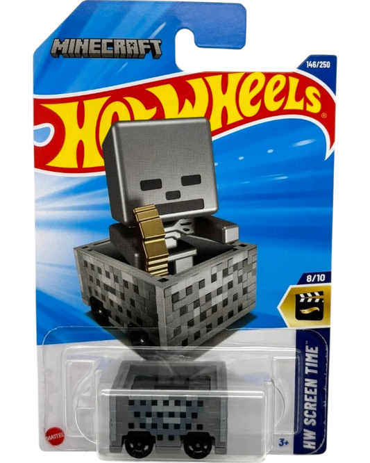 More Than Diecast Hot Wheels Minecraft Minecart Skeleton diecast car with gold accents, grey and black pixelated design.