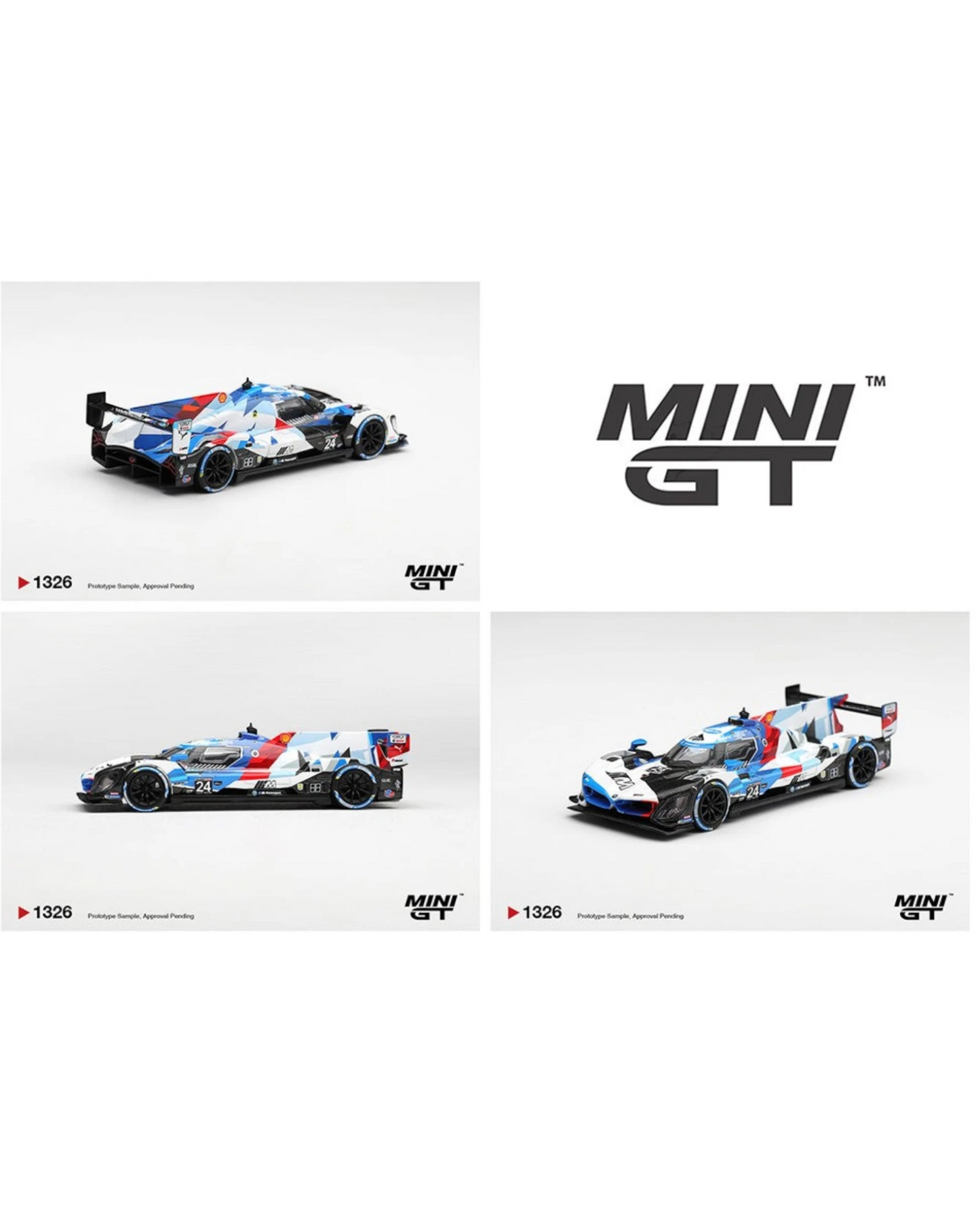 More Than Diecast Mini GT 1:64 BMW M Hybrid V8 GTP #24 race car with blue, red, and white Daytona 24 livery