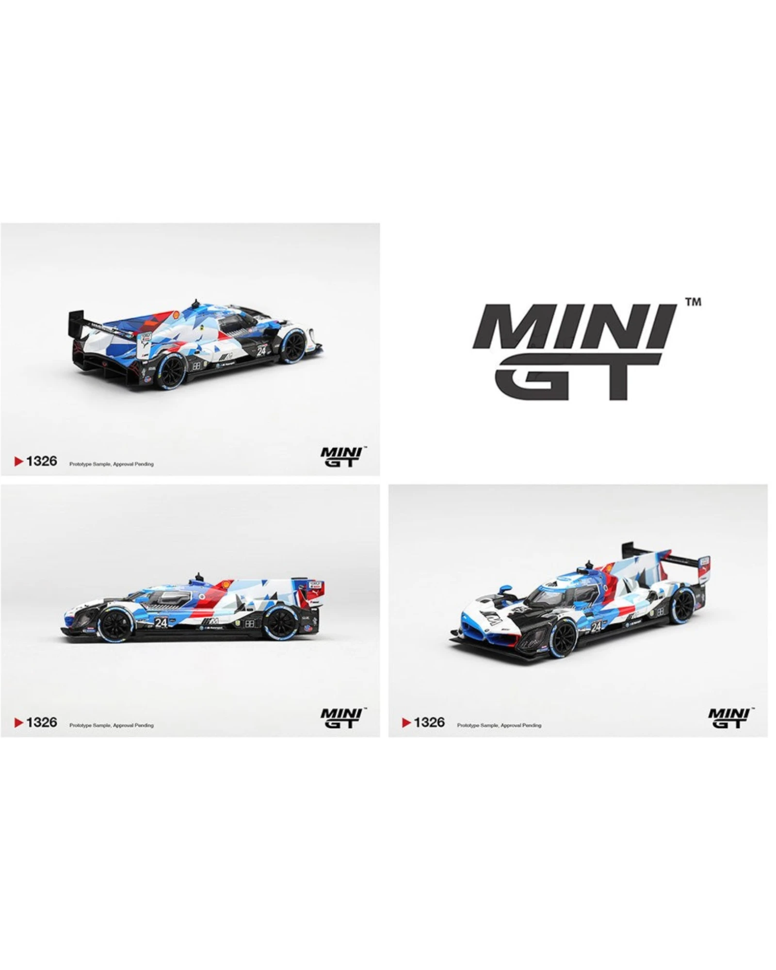 More Than Diecast Mini GT 1:64 BMW M Hybrid V8 GTP #24 race car with blue, red, and white Daytona 24 livery