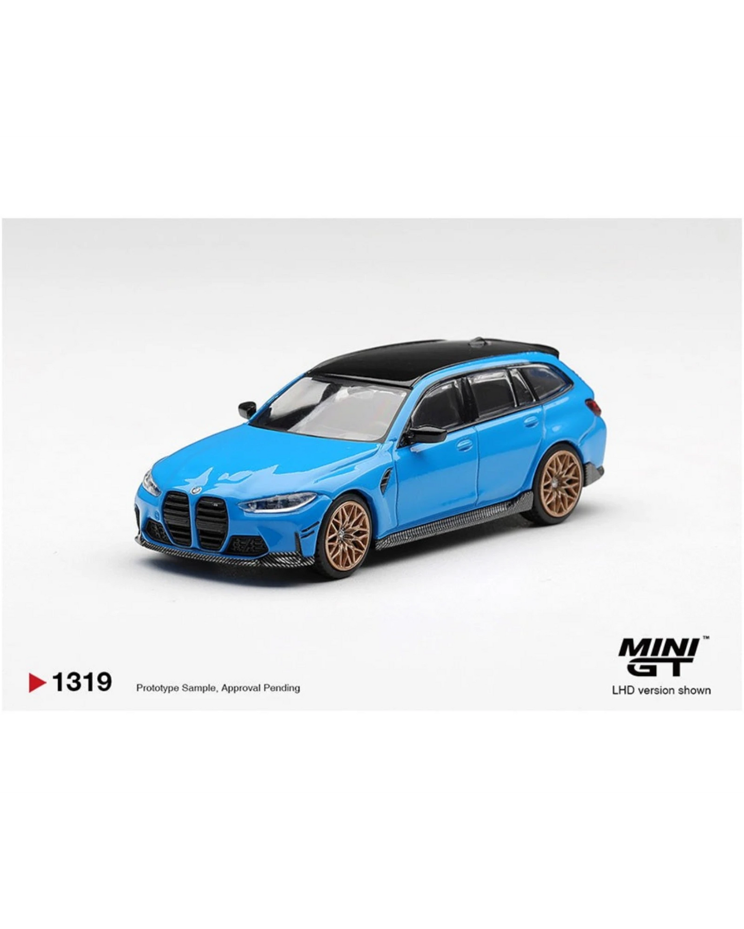 More Than Diecast Mini GT 1:64 scale BMW M3 M Performance Touring in Riviera Blue with black roof and bronze wheels.