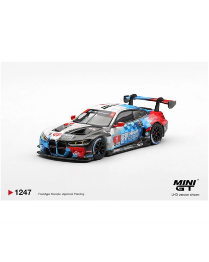 More Than Diecast Mini GT 1:64 BMW M4 GT3 EVO #1 Paul Miller Racing diecast model car with red, blue, and white livery.
