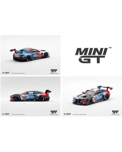 More Than Diecast Mini GT 1:64 BMW M4 GT3 EVO #1 Paul Miller Racing diecast model car with blue, red, and white livery.
