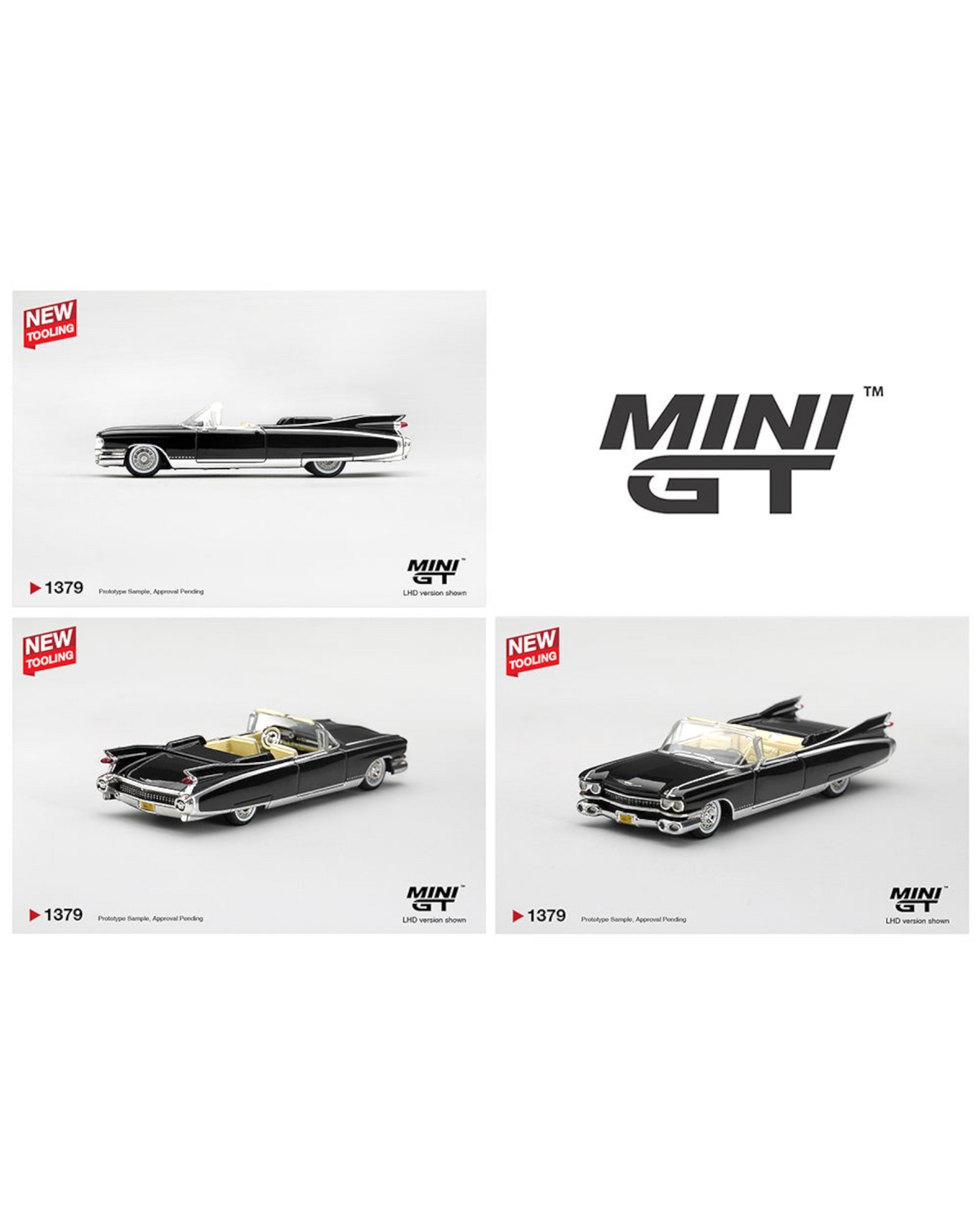 More Than Diecast Mini GT 1:64 scale 1959 Cadillac Eldorado Biarritz convertible model in glossy black with cream interior