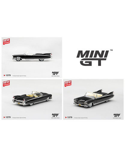 More Than Diecast Mini GT 1:64 scale 1959 Cadillac Eldorado Biarritz convertible model in glossy black with cream interior