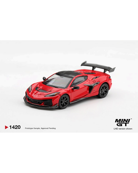 More Than Diecast Mini GT 1:64 scale Chevrolet Corvette ZR1 in torch red with carbon fiber accents and rear wing.