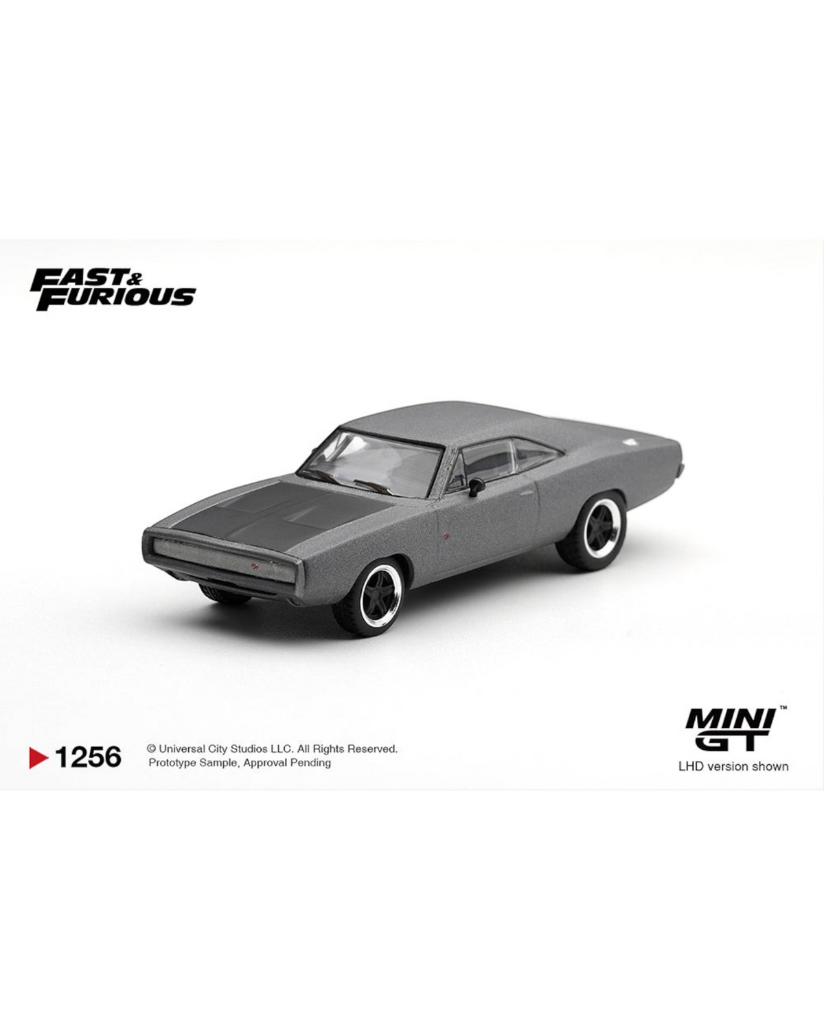 More Than Diecast 1:64 scale Mini GT Dodge Charger Fast Five edition in matte grey with black hood detailing.