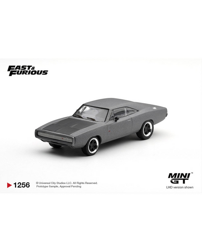 More Than Diecast 1:64 scale Mini GT Dodge Charger Fast Five edition in matte grey with black hood detailing.