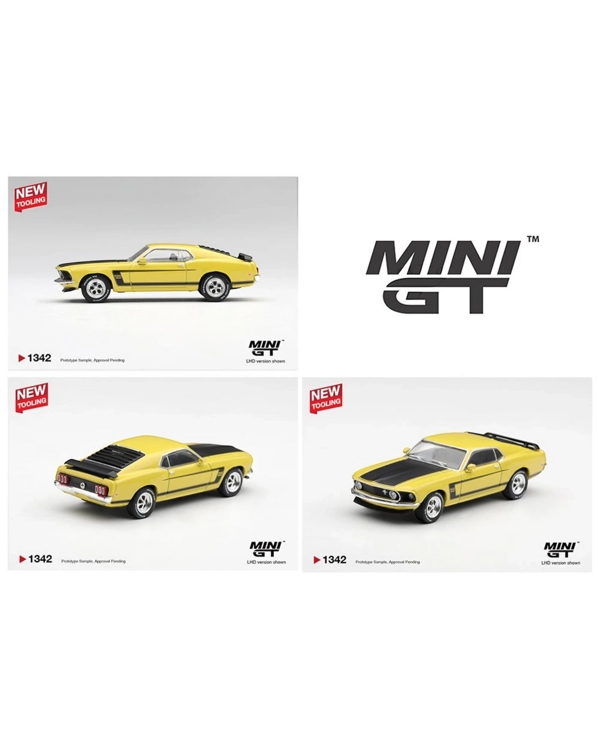 More Than Diecast 1:64 scale Mini GT 1969 Ford Mustang Boss 302 die-cast model car in bright yellow with black accents.